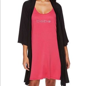 BEBE HOT PINK AND BLACK CHEMISE AND ROBE SET